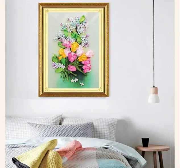 40X55cm Tulip Love Ribbon embroidery kit needlework craft sew supply DIY Handmade Embroidery