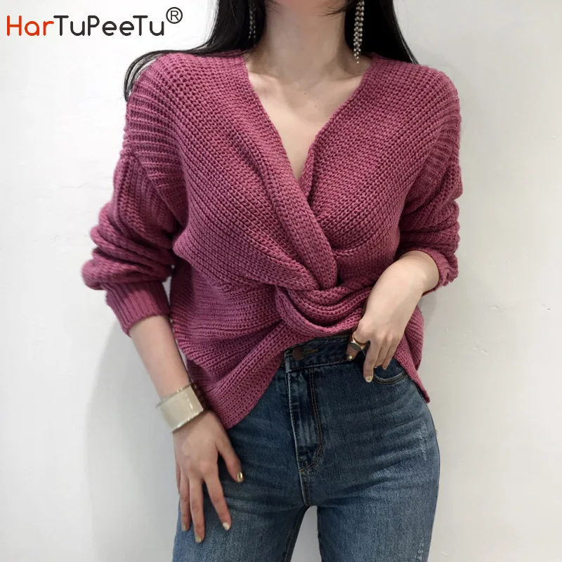 

Sweater Women Winter 2020 Korean Oversize Fit Stylish Criss-cross Pleated Design Crop Top 3 Colours Front Back Exchengeable Wear