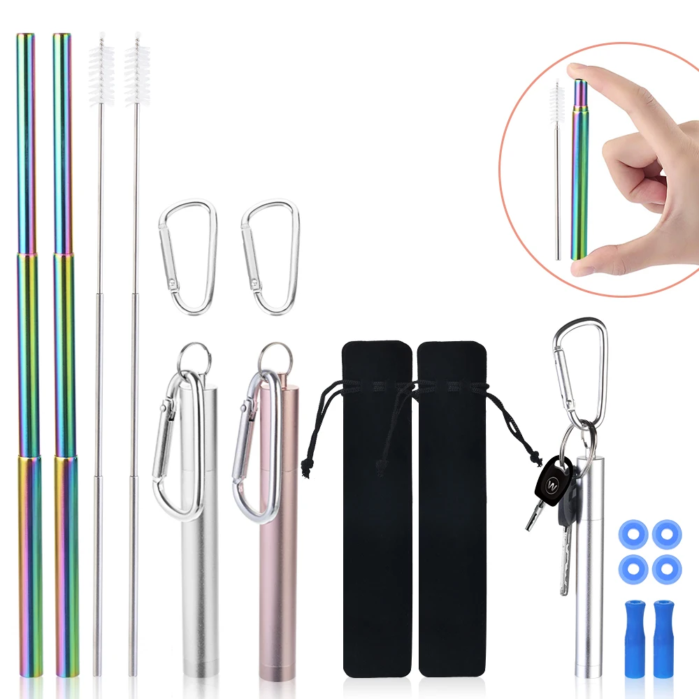 

Foldable Colorful Reusable Drinking Straw High Quality 304 Stainless Steel Metal Straw with Cleaner Brush For Mugs
