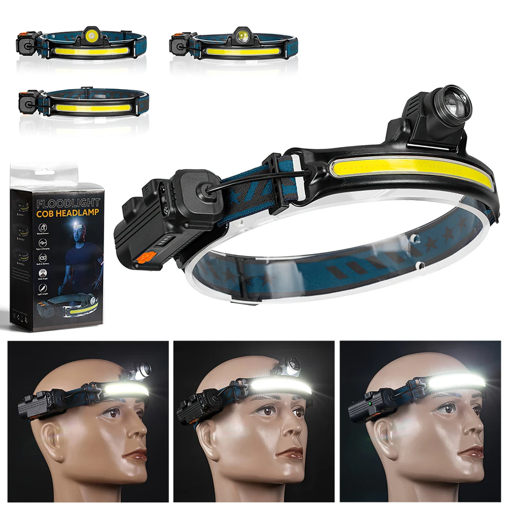 COB Headlamp Portable Zoomable LED Headlight USB Rechargeable Powerful Flashlight Built-in 18650 Battery Head Torch for Fishing | Лампы и