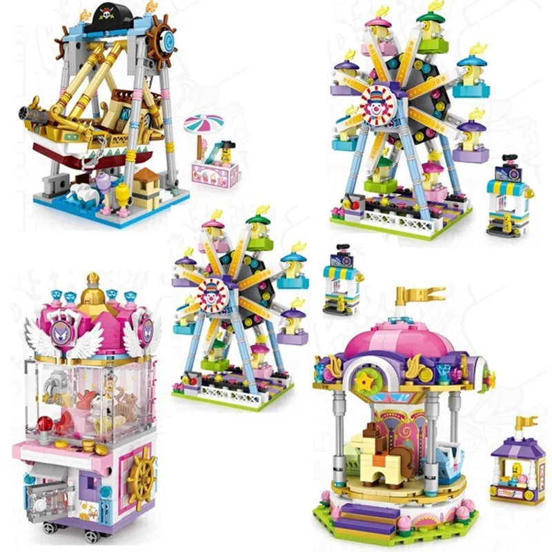 H488efe2c12b34af9996e3308b279929aU Mini klocki LOZ przyjaciele Park rozrywki diabelski młyn karuzela statek piracki statek piracki klocki DIY cegły zabawki dla dziewczynek