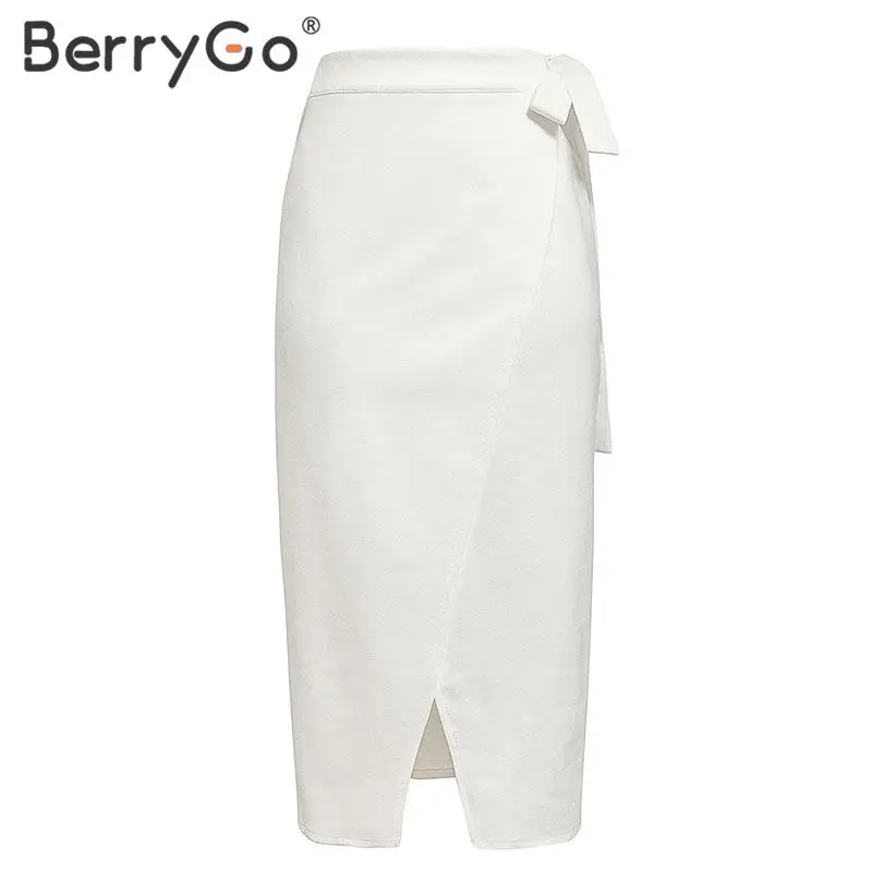BerryGo Женская юбка миди из замшевой кожи на осень и зиму с высокой талией, Женская юбка с разрезом, Повседневная Уличная одежда, Офисная Женская длинная юбка - Цвет: Белый
