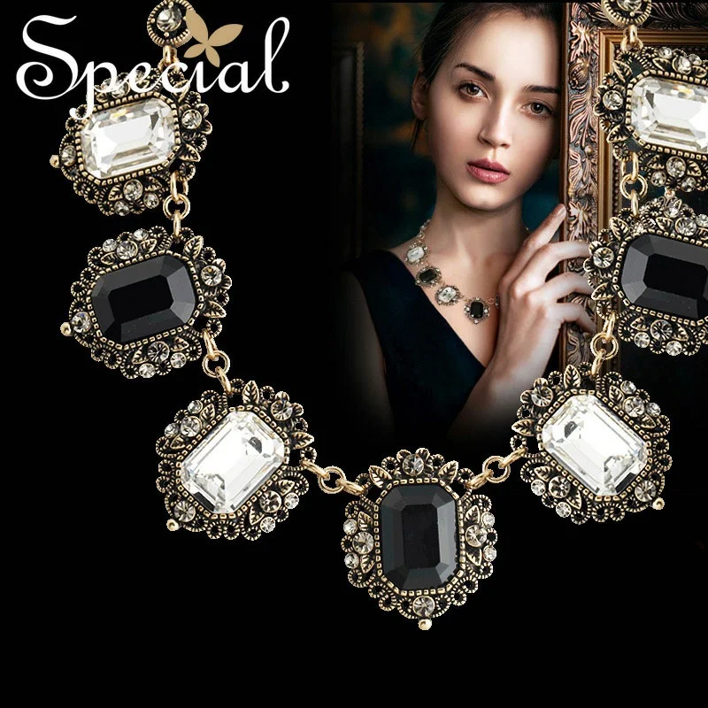 

Special Black White Zircon Pendant Free Shipping Big Jewel Women Necklace Vintage Alloy Necklace XL141161