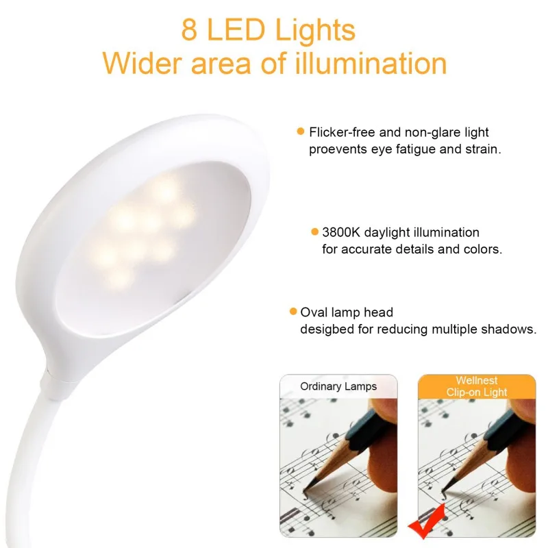 

Rechargeable LED Desk Lamp Adjustable Brightness Eye Protection Reading Light Portable Clip On Light With Flexible Gooseneck