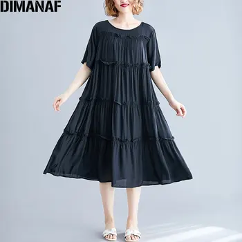 

DIMANAF 2020 Summer Plus Size Women Dress Office Lady Elegant Vestido Pleated Cascading Ruffle Loose Cotton Black Dress Clothing