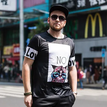 

GONTHWID Summer large size men's short-sleeved T-shirt fat loose cat printing casual half sleeve