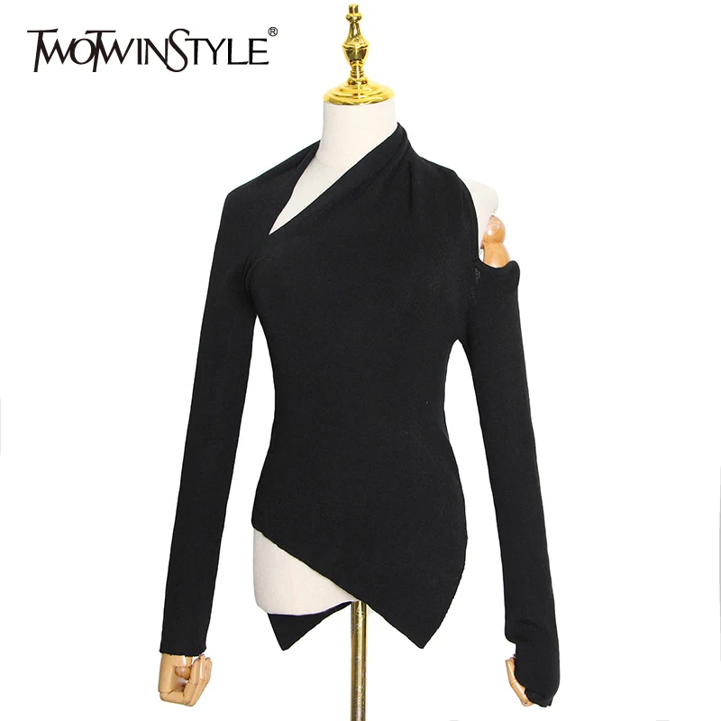 

TWOTWINSTYLE Black Sweater For Women Irregular Collar Long Sleeve One Off Shouder Hollow Out Knitted Sweaters Female 2020 Style