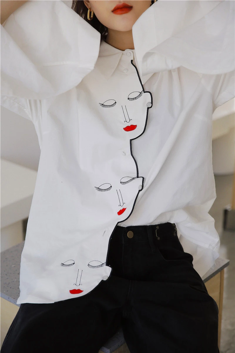 Новинка, простые повседневные шикарные женские рубашки с вышивкой, осенние зимние белые рубашки с отложным воротником, женские блузки, женские топы SL298