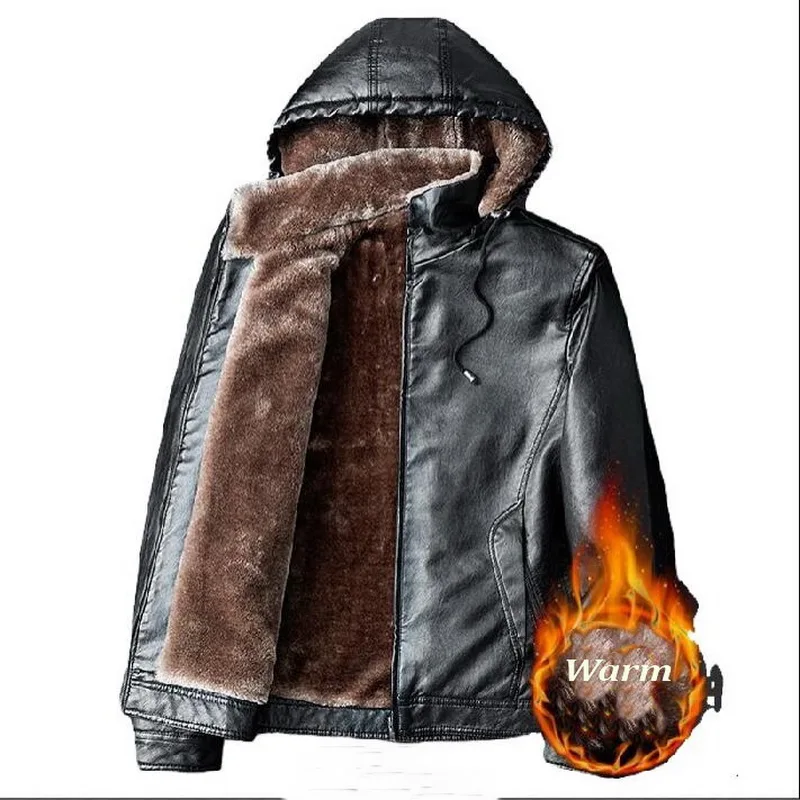 Мужская кожаная верхняя одежда Байкерская мотоциклетная Мужская классическая Куртка из искусственной кожи с капюшоном ветрозащитная теплая кожаная байкерская куртка