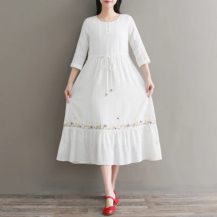 Хлопковое и льняное женское летнее платье, элегантное, с круглым вырезом, с рукавом до локтя, свободные, вечерние, повседневное, мешковатое, для работы, с вышивкой, сарафан