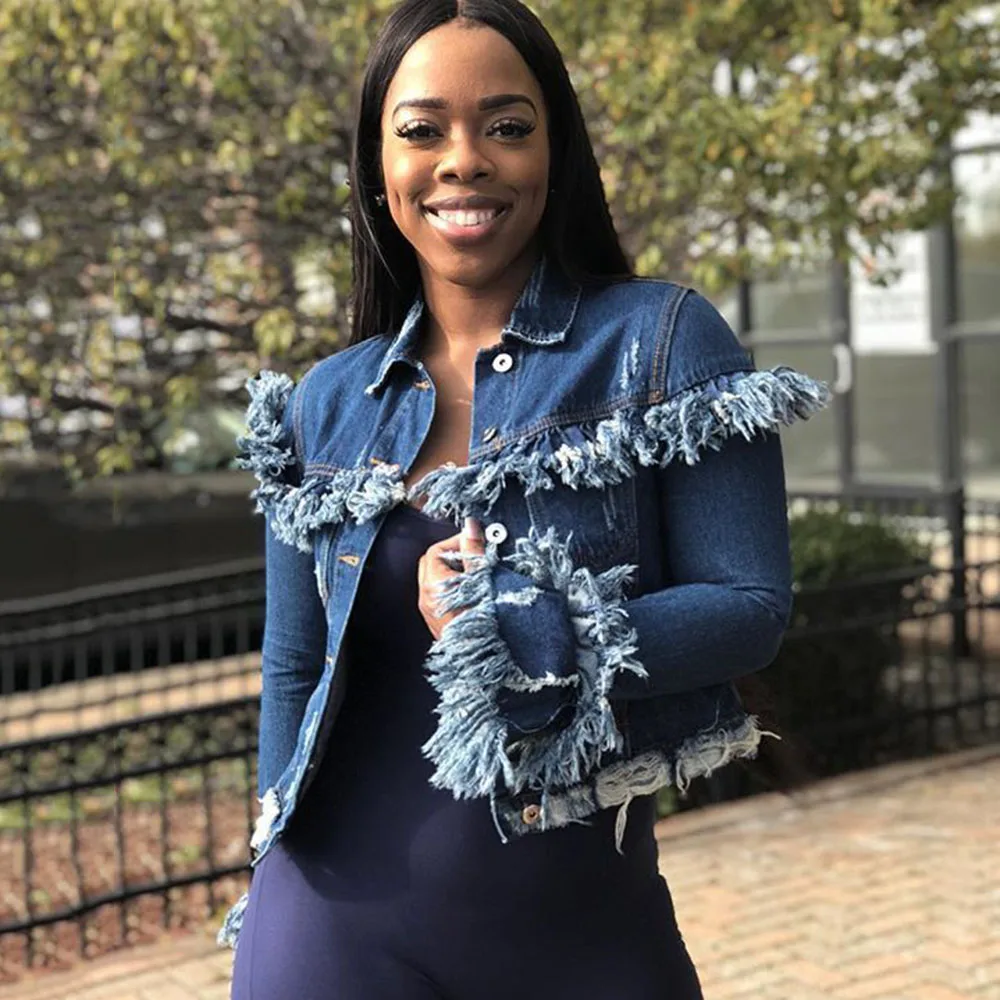 Укороченные синие джинсовые куртки с бахромой Женская мода на весну и осень