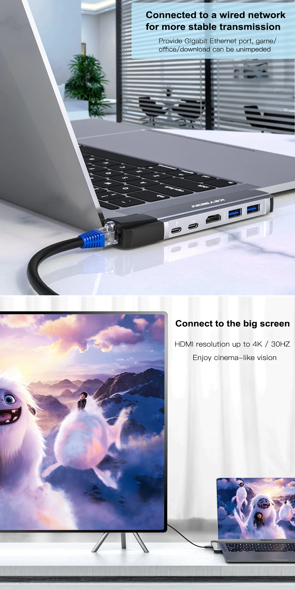 KEYSION usb-хаб C концентратор для нескольких USB 3,0 HDMI адаптер USB разветвитель для MacBook Pro док-станция Thunderbolt 3 концентратор RJ45 Двойной Концентратор USB Type C