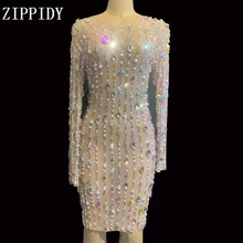 Flashing Design Rhinestones pearls Mesh Dress Birthday Celebrate Stretch Dress See Through Outfit Singer Prom Party Performance