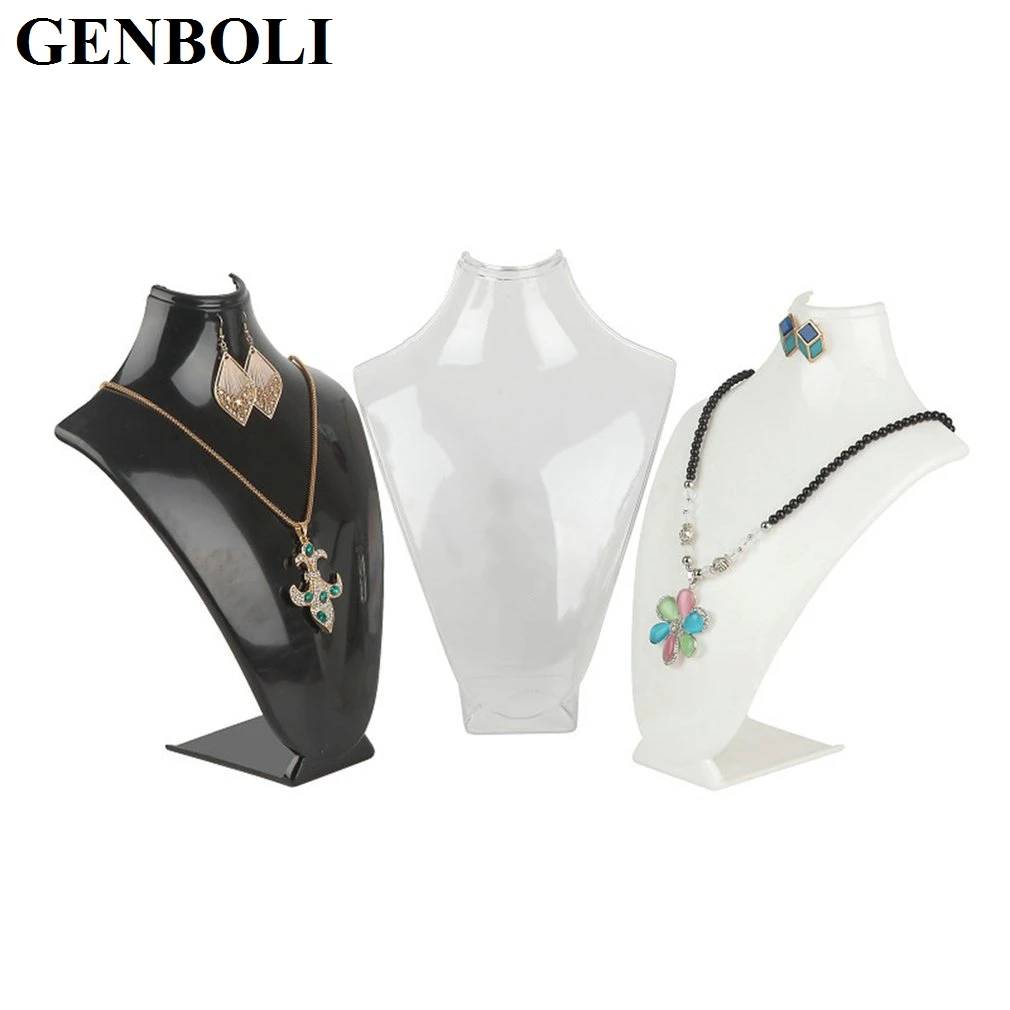 

Black Color Mannequin Necklace Jewelry Pendant Display Stand Container Show Retail White Transparent Chain Earrings Holder 2020