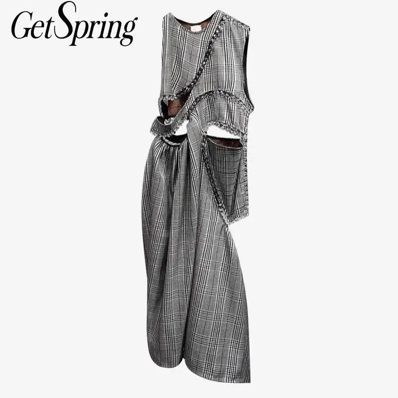 Женское платье без рукавов GetSpring винтажное в клетку с дырками и бриллиантами