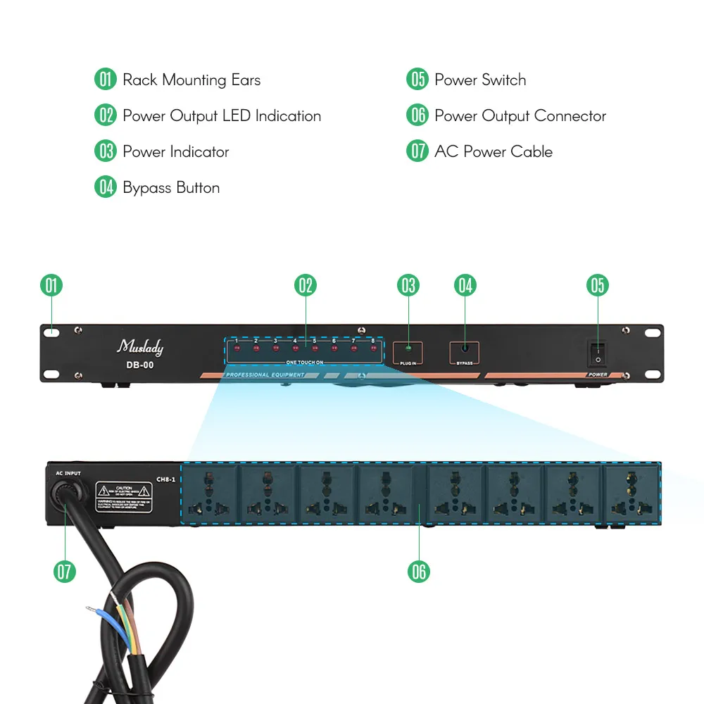 Muslady DB-00 8-outlet Rack Mount регулятор последовательности питания кондиционер стабилизатор напряжения Регулятор питания с светодиодный светильник