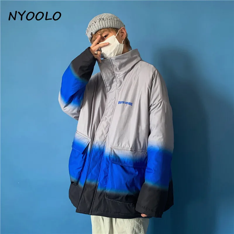 NYOOLO, Harajuku, уличная, с большими карманами, лицо дьявола, градиент, утолщенное, теплое пальто, Осень-зима, свободная куртка на молнии, для женщин, мужчин, верхняя одежда