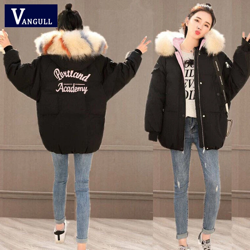 Promo Vangull Solid Fur Hooded Thicken Long Down Coats Women Female Casual Long Sleev Warm Cotton Coats W