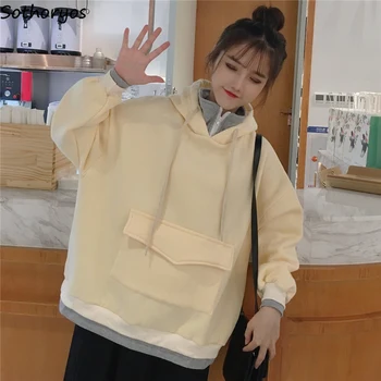 

Hoodies Women Solid Ulzzang Streetwear Spring Autumn Winter Trendy Loose Korean Style Plus Velvet Students Womens Clothing Chic