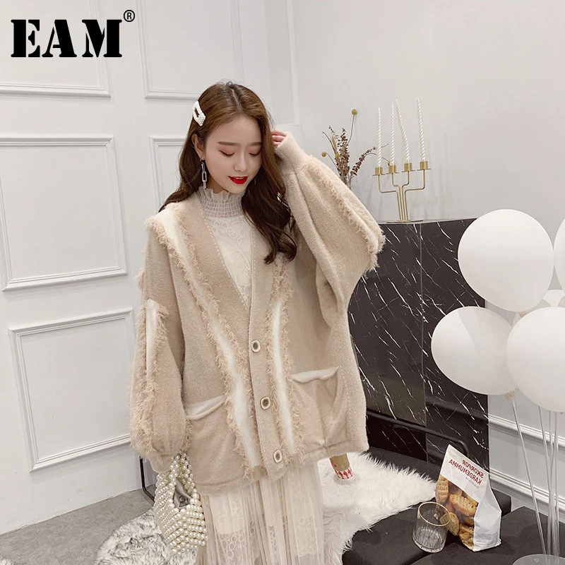 buy  [EAM] Loose Fit Loose Big Size Knitting Jacket New Lapel Long Lantern Sleeve Women Coat Fashion Tid