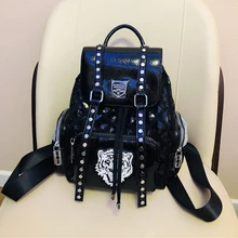 

Women's Backpack Genuine Leather Shopper Bags 2021 Girls Purses Fashion Casual Sequin Rivet Lattice Embroidered Tiger Schoolbags