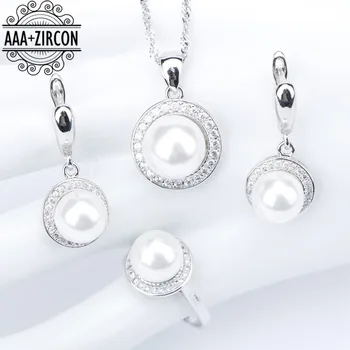 

New Natural Pearl Freshwater Silver 925 Jewelry Sets Women White Zircon Earrings With Pearls Rings Pendant Necklace Set Gift Box