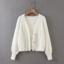 

2020 Women Autumn Spring Coats White Fleece Knit Cardigan+vest Jumper Lady Fashion Solid V-Neck Knitted New Cardigan Jacket S-L