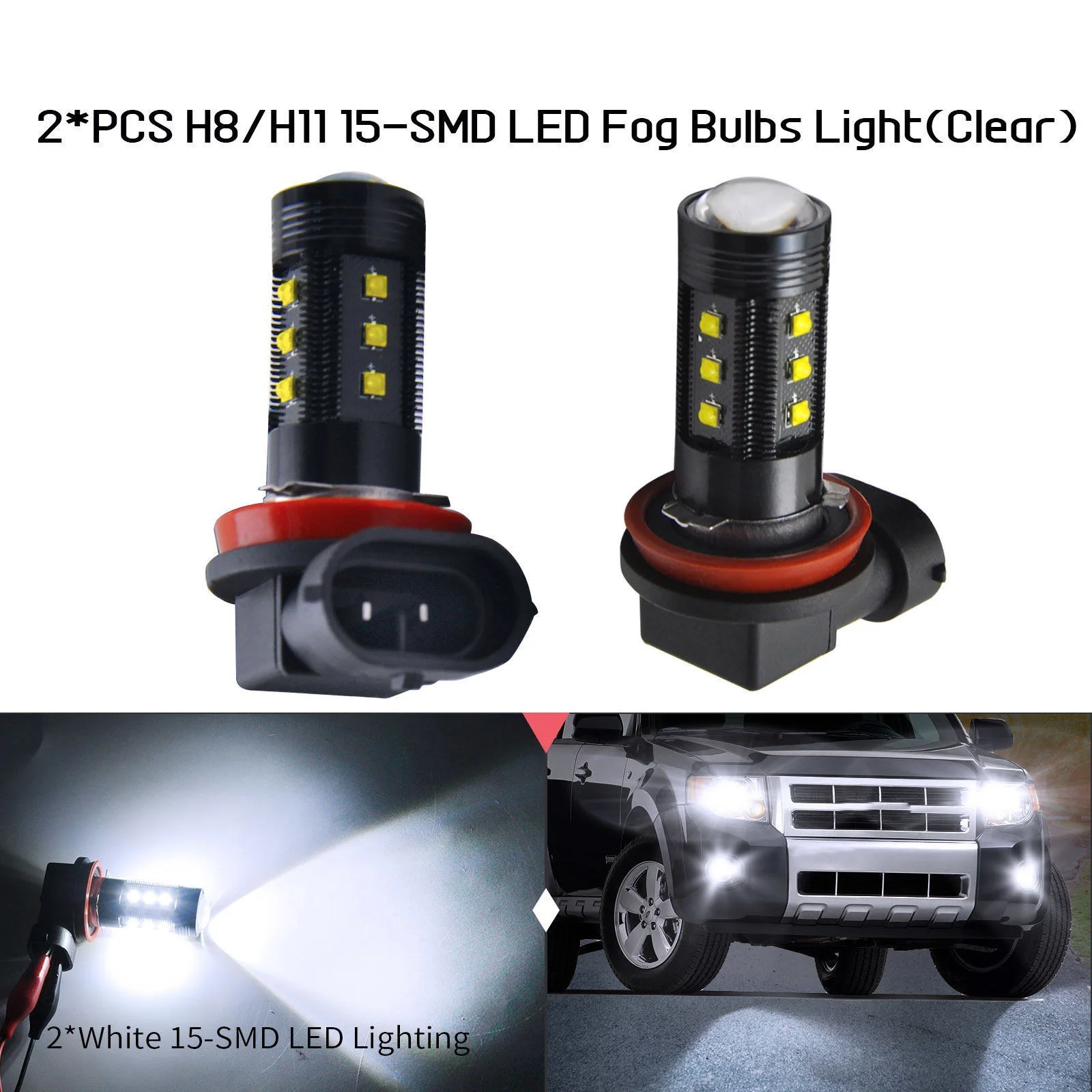 

2*PCS H8/H11 15SMD Cool White LED Fog Light Bulbs Car DRL Driving Lamp Clear