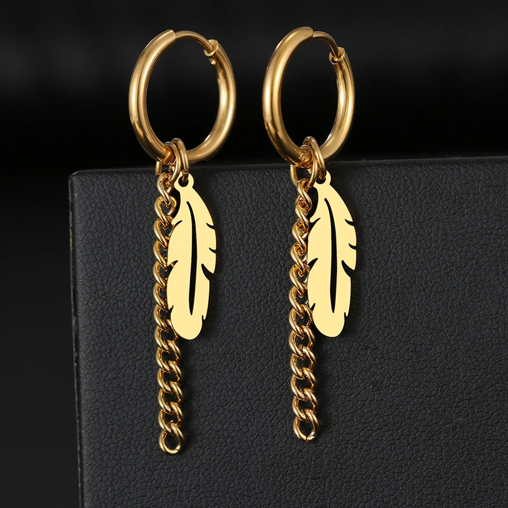 Stainless Steel Earrings Fashion Unisex Punk Gothic Feather Chain Hip Hop Pendant Earrings Women Jewelry Gifts