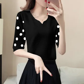 

Women Lace Ladies Elegant Blouses Dot Print V-Neck Shirt Short Sleeve Chiffon Pullover Blouse