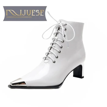 

MLJUESE 2021 women soft ankle boots patent leather zippers boots winter short plush square toe high heels women boots parrty