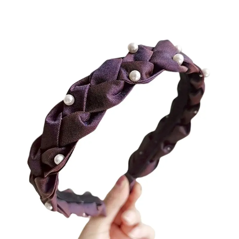 

Minimalist Handmade Weave Braiding Headband Women Contrast Color Patchwork Wide Hair Hoop Imitation Pearl Beaded Decor Headpiece