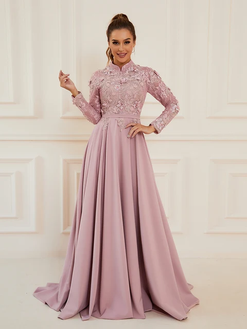 Long Sleeve Muslim Formal Dresses Pink Vintage High Neck Luxury Lace Appliques Spandex Satin Evening Dresses With Train pink