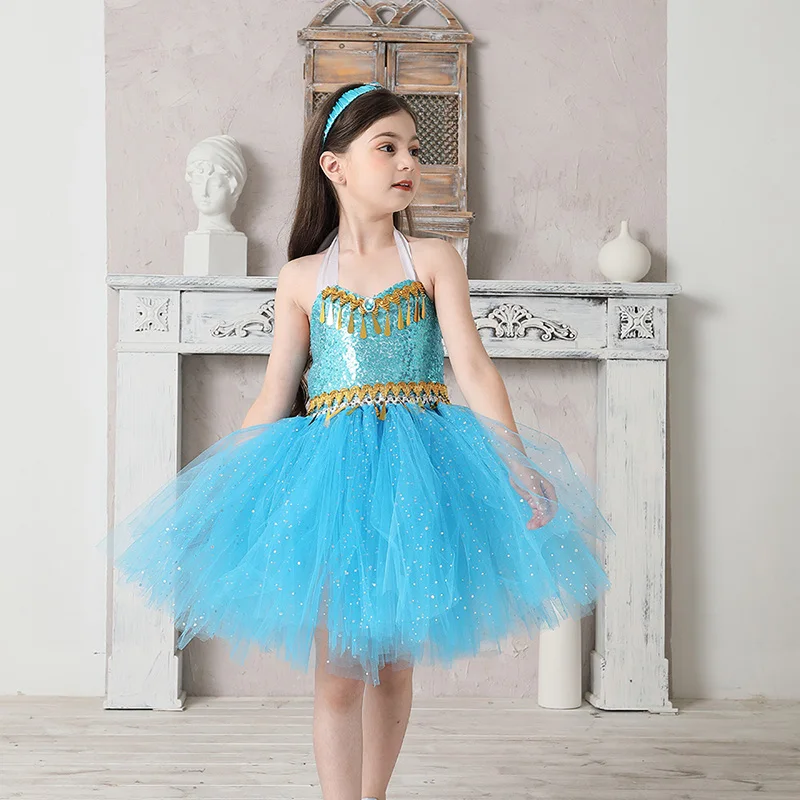 Aladdin Jasmine Girls Tutu Dress Headband Outfit Kids Birthday Party Pageant Sparkly Tulle Fancy Dress Sequins Children Clothes (4)