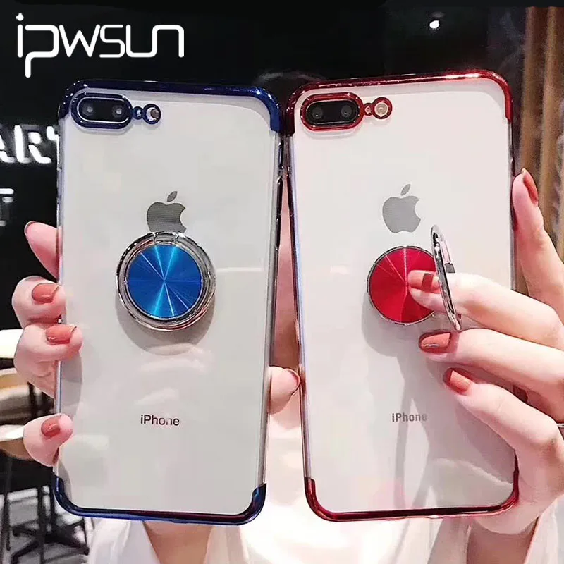 iPWSOO Electroplating Clear Finger Ring Phone Case For iPhone 11 Pro Max X XR Xs 6 6s 7 8 Plus Soft TPU Silicone Back Cover | Мобильные