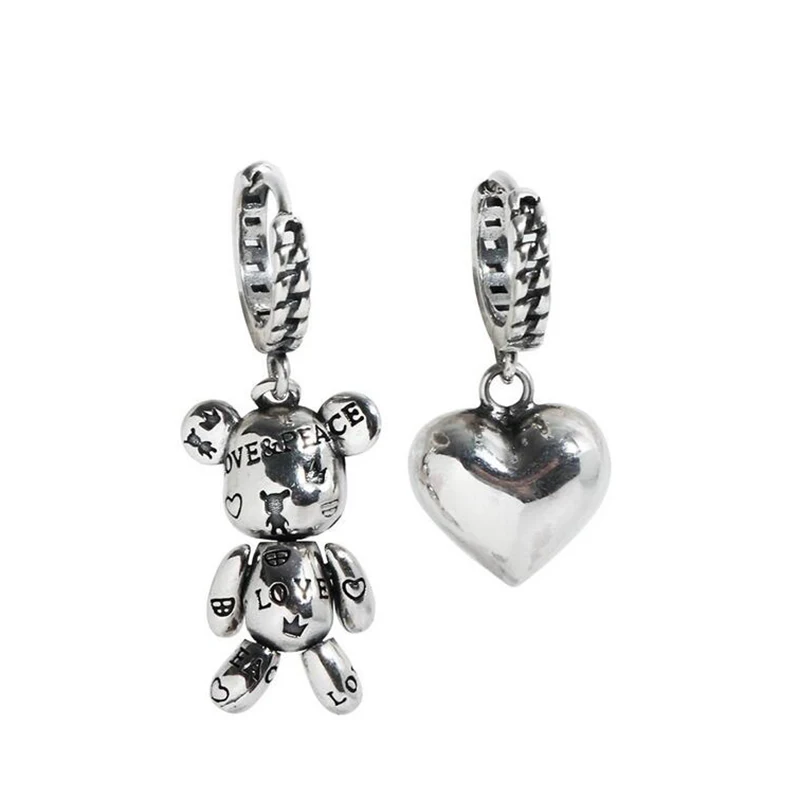 Women Silver Color Hoop Earrings Vintage Accessories Little Bear LOVE Heart Asymmetric Party