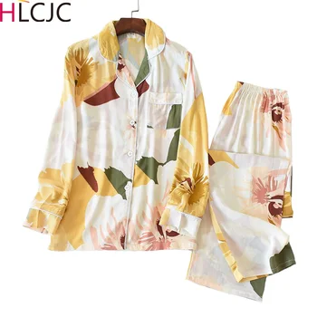

Spring Summer Cotton Satin Floral Printing Pajamas Long Sleeve Pyjamas Women Sexy Pijama Mujer Loungewear Home Clothes Sleep Set