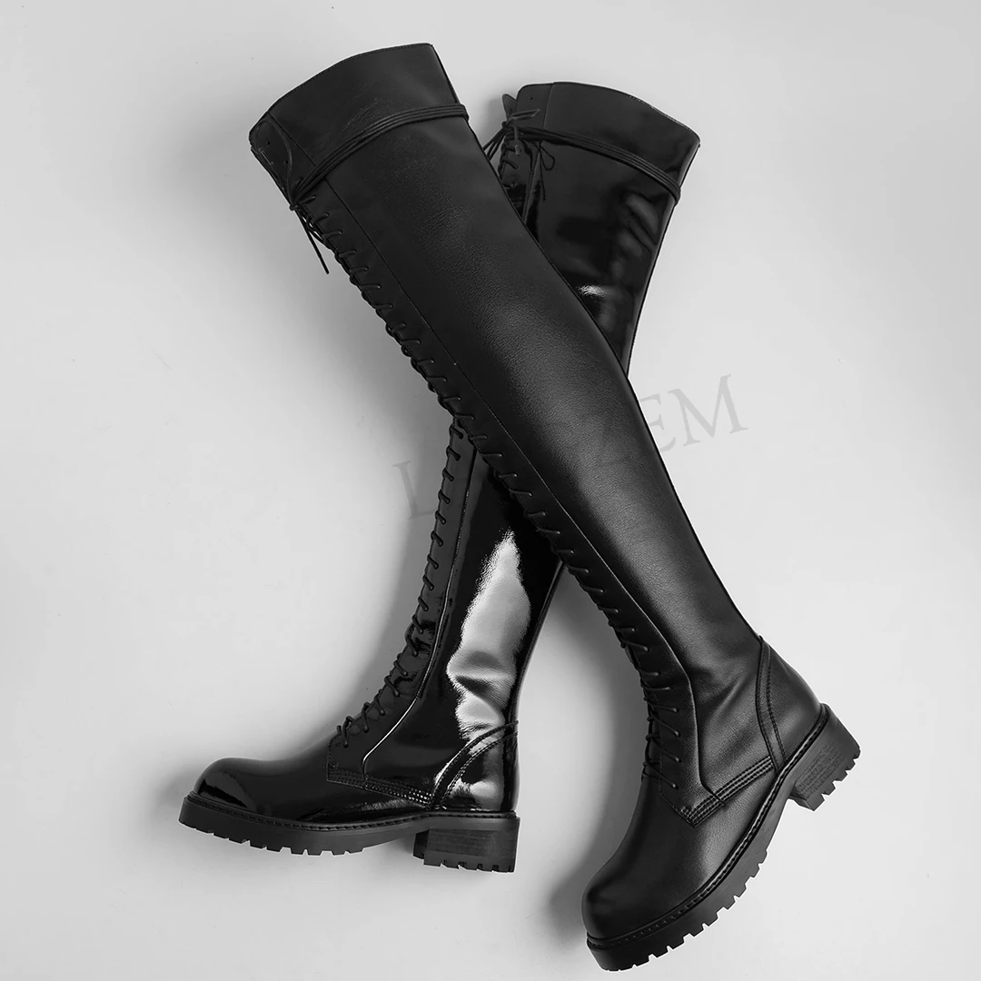 LAIGZEM/женские ботфорты выше колена; расклешённые матовые лакированные сапоги до бедра на низком каблуке с молнией; Zapatos de Muje; Размеры 33, 38, 39, 40