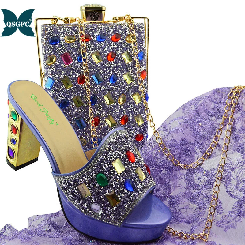 Italian desgin Ladies Matching Shoe and Bag Material with Crystal Shoes and Bags Set for Party Women Shoe and Bag To Match - Цвет: Violet