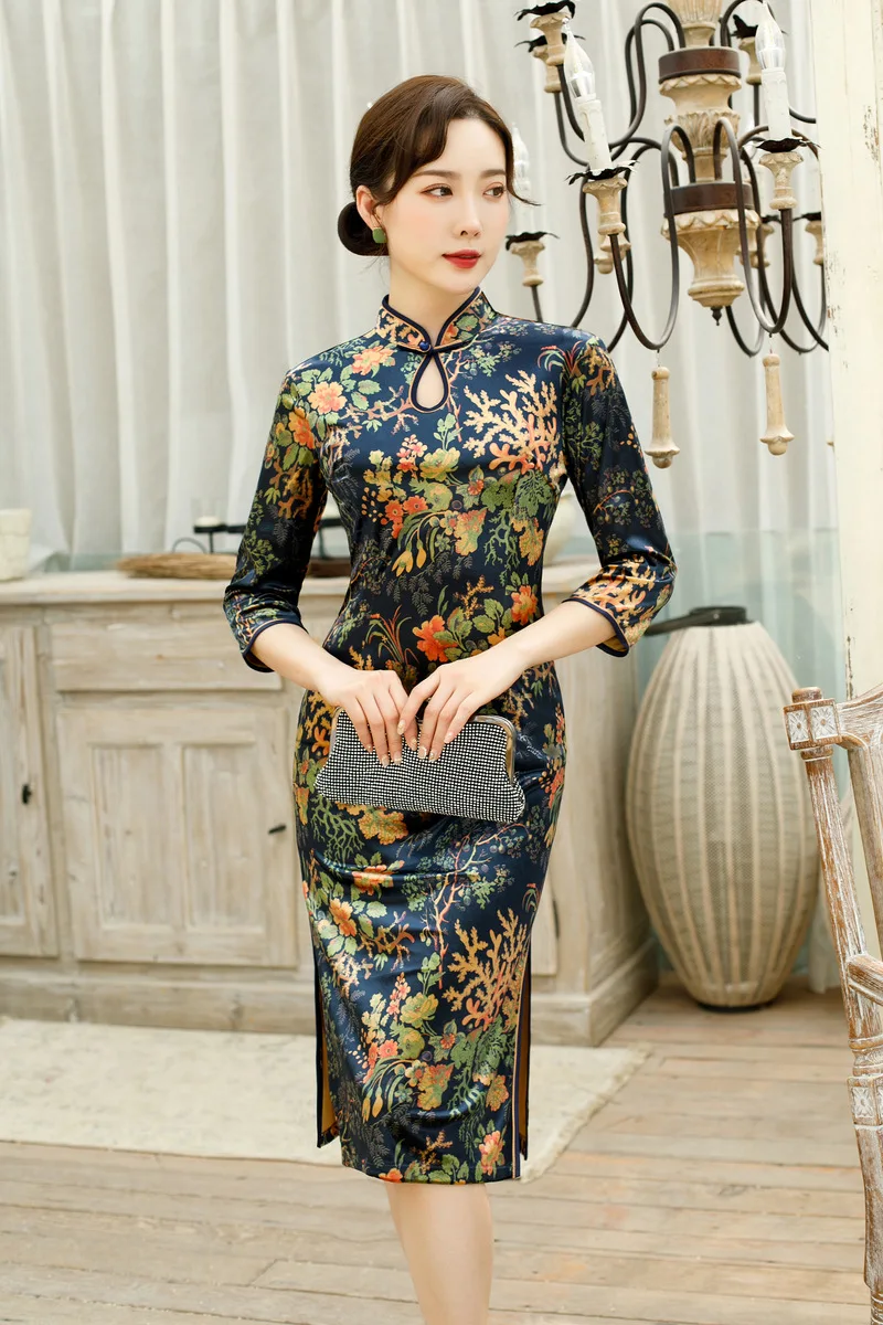 Женское китайское традиционное платье, Формальные вечерние платья, Cheongsam, Элегантный цветочный принт, Qipao, винтажное, большие размеры, 3XL-5XL Vestidos