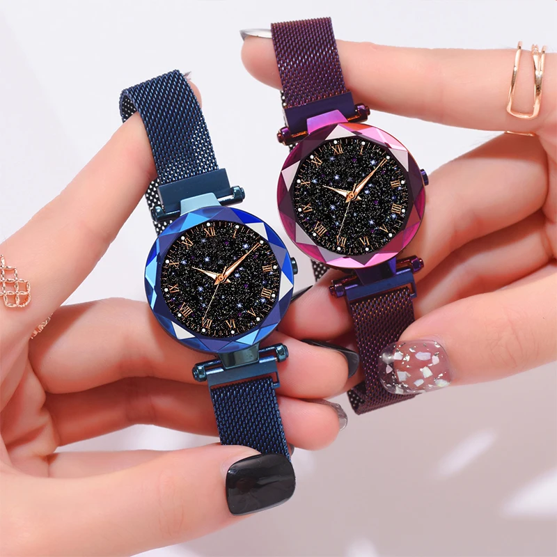 Relojes de pulsera de lujo con cielo estrellado para mujer, reloj de cuarzo con hebilla magnética, superficie geométrica, luminoso - Imagen 4
