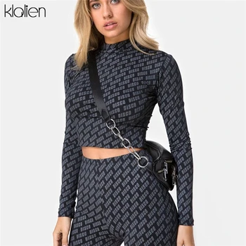 

KLALIEN full sleeve turtleneck crop top + elastic high waist shorts letter print tracksuits 2019 women sporting 2 piece sets