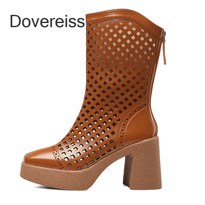 

Dovereiss Fashion Female Boots Summer Square Toe Elegant Brown Waterproof Chunky Heels Block Heels New Ankle Boots 33 40 41
