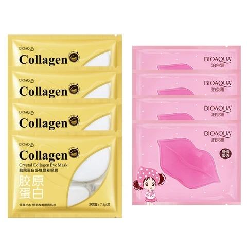 Eye Mask Combination 4pcs Moisturing Nourishing Lips Mask 4Pairs Collagen Anti-Aging Wrinkle Dark Circles Eye Patch Skincare