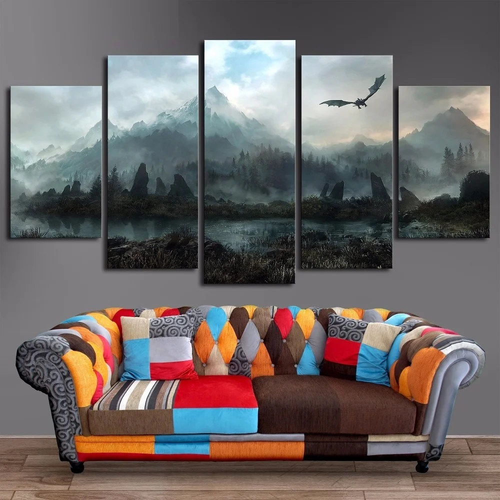 5 Piece Video Game Skyrim Dragon Posters and HD Prints Landscape Pictures Canvas Painting for Living Room Wall Art Home Decor (2)