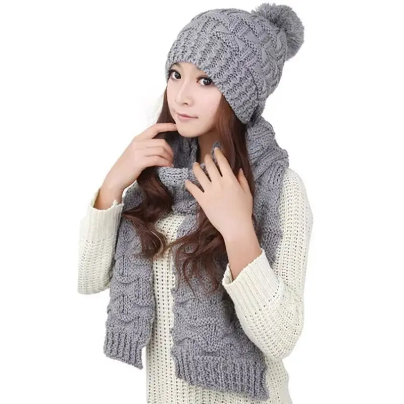 Женская зимняя вязаная шапка, шарф, набор, однотонная шапочка с помпоном, шапка, шейный платок