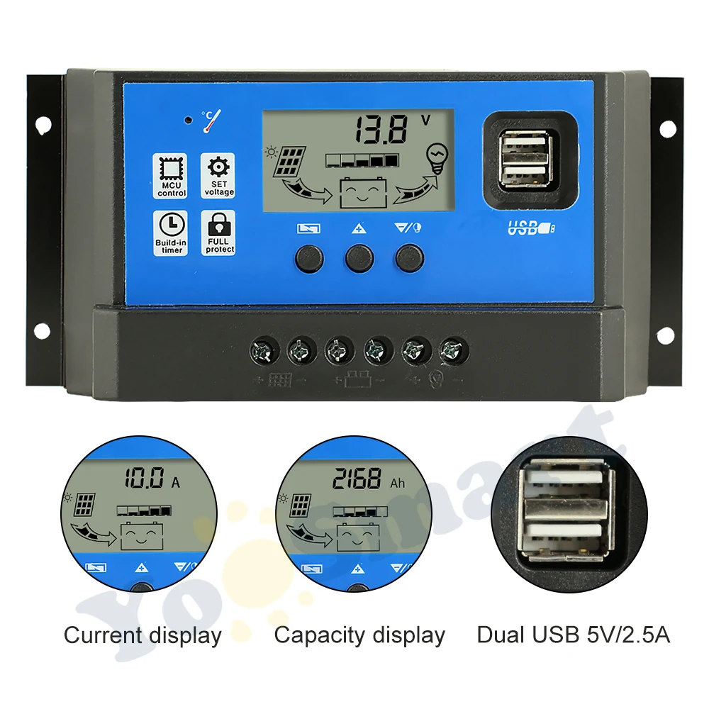 10A-60A 12V/24V PWM Solar Charge Controller Regulator LCD Display USB 5V Output 