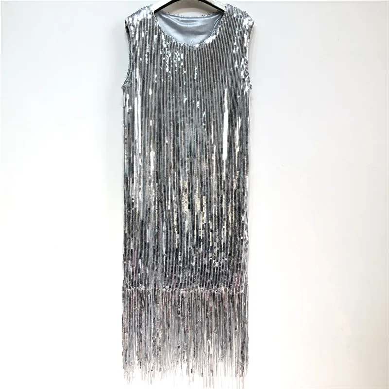 SIDAIMI Party Schwere Pailletten Quasten Sommerkleid Koreanische Design Rundhals Gerade Lange Glänzende Silber Kleid Sexy Abend Vestido