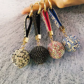 

1PCS Fashion New Alloy Rhinestone High Quality Leather Strap Crystal Ball Car Keychain Charm Pendant Key Ring For Women Girls