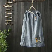 Женская свободная джинсовая юбка с эластичной резинкой на талии, Женская Новая повседневная Уличная юбка с карманами и вышивкой с героями мультфильмов